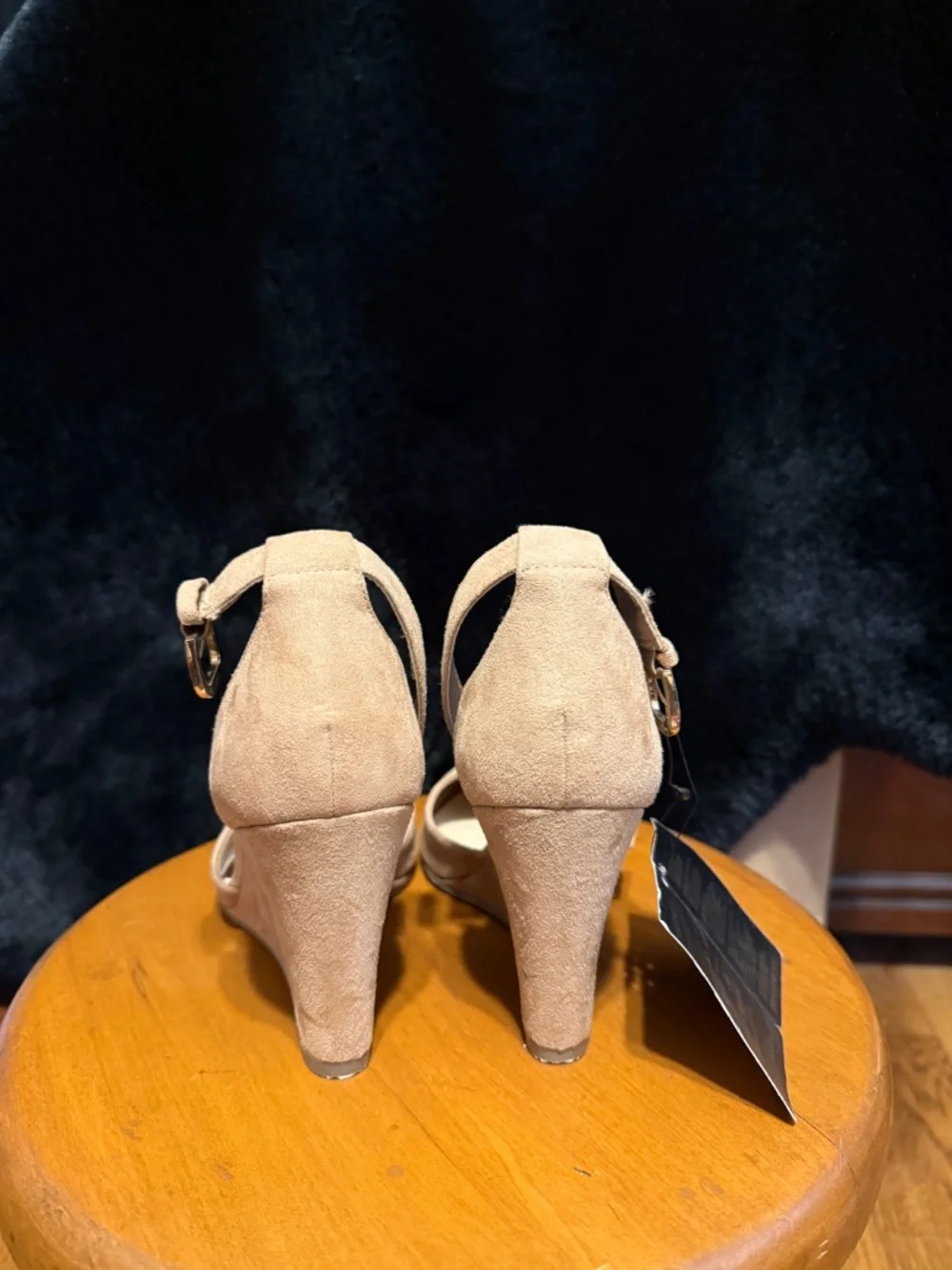 Beige suede like wedges with ankle straps